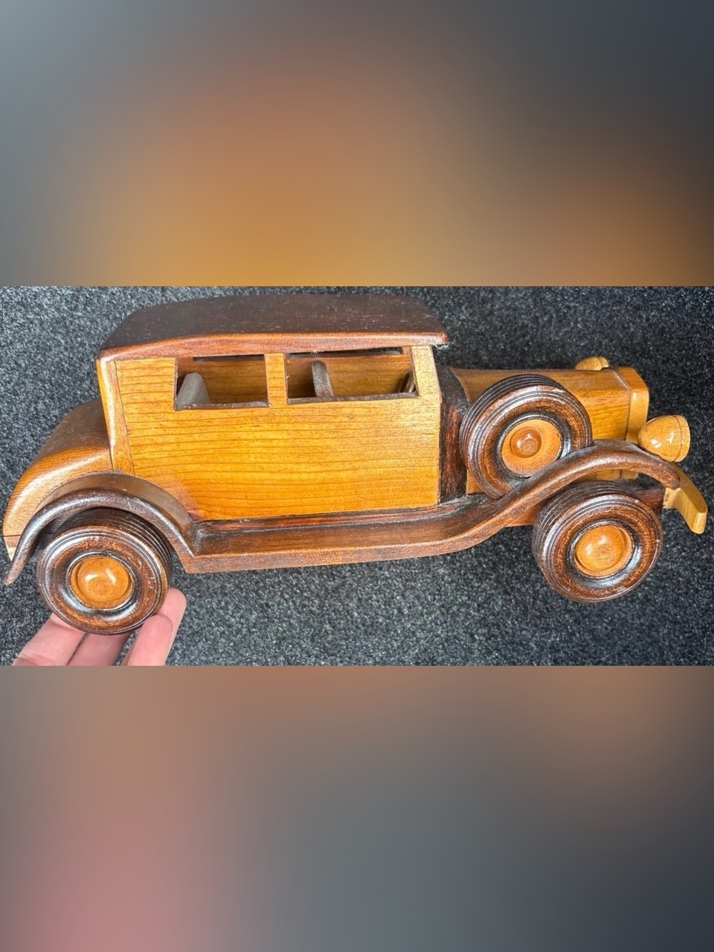 Vintage Handmade Wooden Model T Sedan Car: Two-Tone Artisan Folk Art Toy
